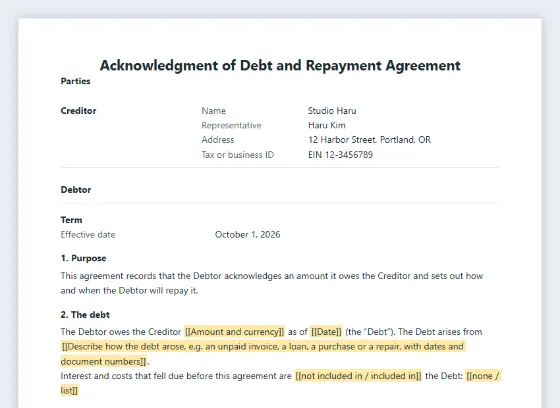 First page of the Acknowledgment of debt and repayment agreement sample, with the blanks to fill in marked