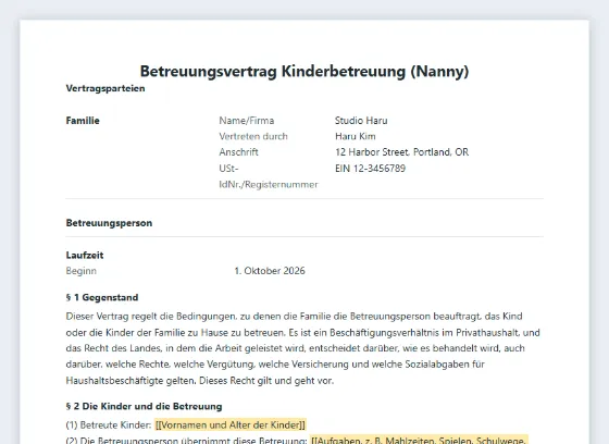 Erste Seite des Musters „Betreuungsvertrag Kinderbetreuung (Nanny)“ mit markierten Lücken zum Ausfüllen