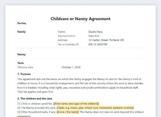First page of the Childcare or nanny agreement sample, with the blanks to fill in marked