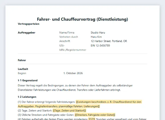 Erste Seite des Musters „Fahrer- und Chauffeurvertrag (Dienstleistung)“ mit markierten Lücken zum Ausfüllen