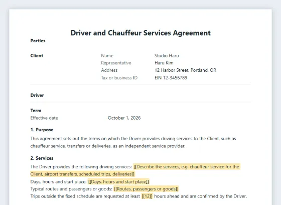 First page of the Driver and chauffeur services agreement sample, with the blanks to fill in marked