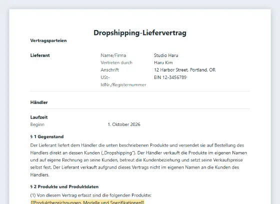 Erste Seite des Musters „Dropshipping-Liefervertrag (Direktversand an Kunden)“ mit markierten Lücken zum Ausfüllen