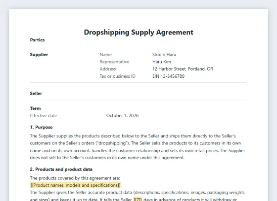 First page of the Dropshipping supply agreement sample, with the blanks to fill in marked