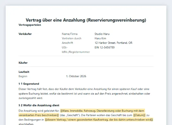 Erste Seite des Musters „Vertrag über eine Anzahlung (Reservierungsvereinbarung)“ mit markierten Lücken zum Ausfüllen