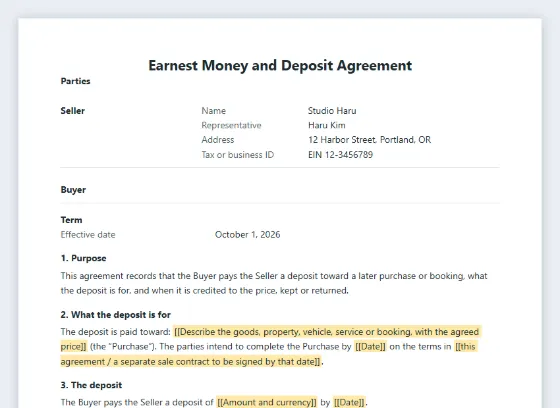 First page of the Earnest money and deposit agreement sample, with the blanks to fill in marked