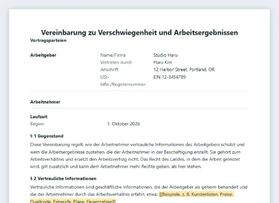 Erste Seite des Musters „Verschwiegenheit und Arbeitsergebnisse (Arbeitnehmer)“ mit markierten Lücken zum Ausfüllen