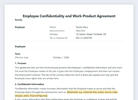 First page of the Employee confidentiality and work-product agreement sample, with the blanks to fill in marked