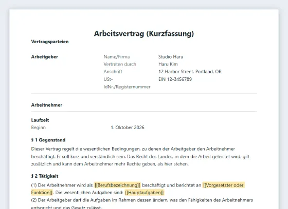Erste Seite des Musters „Einfacher Arbeitsvertrag oder Anstellungsschreiben“ mit markierten Lücken zum Ausfüllen