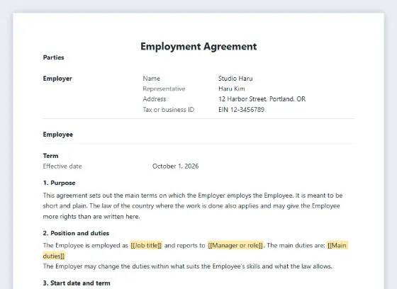 First page of the Simple employment agreement or offer letter sample, with the blanks to fill in marked