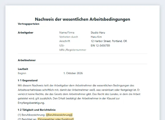Erste Seite des Musters „Nachweis der wesentlichen Arbeitsbedingungen“ mit markierten Lücken zum Ausfüllen
