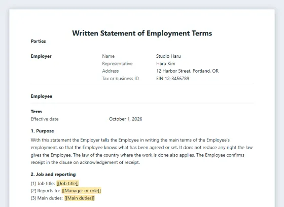 First page of the Written statement of employment terms sample, with the blanks to fill in marked