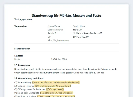 Erste Seite des Musters „Standvertrag für Märkte, Messen und Feste (Standbetreiber)“ mit markierten Lücken zum Ausfüllen