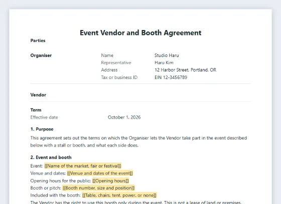 First page of the Event vendor and booth agreement (market, fair, festival) sample, with the blanks to fill in marked