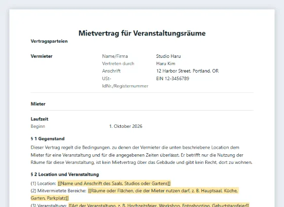 Erste Seite des Musters „Mietvertrag für Veranstaltungsräume (Saal, Studio, Garten)“ mit markierten Lücken zum Ausfüllen