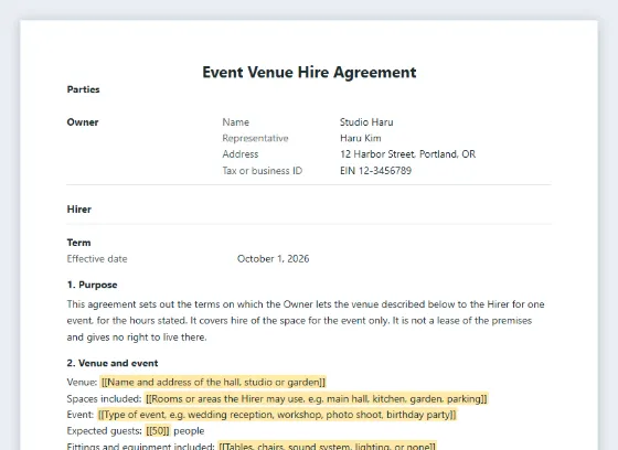 First page of the Event venue hire agreement (hall, studio, garden) sample, with the blanks to fill in marked