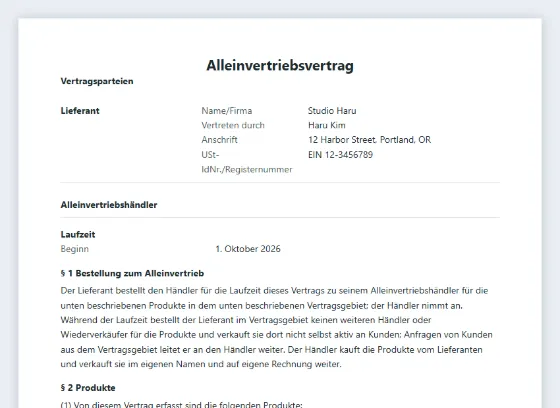 Erste Seite des Musters „Alleinvertriebsvertrag“ mit markierten Lücken zum Ausfüllen