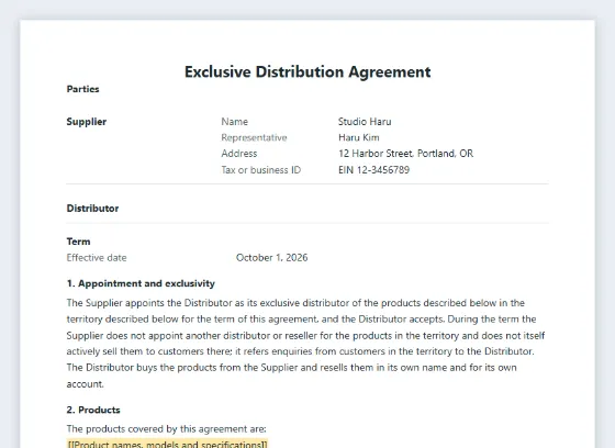 First page of the Exclusive distribution agreement sample, with the blanks to fill in marked
