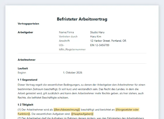 Erste Seite des Musters „Befristeter Arbeitsvertrag (Zeitvertrag)“ mit markierten Lücken zum Ausfüllen