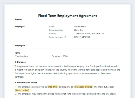 First page of the Fixed-term employment agreement sample, with the blanks to fill in marked