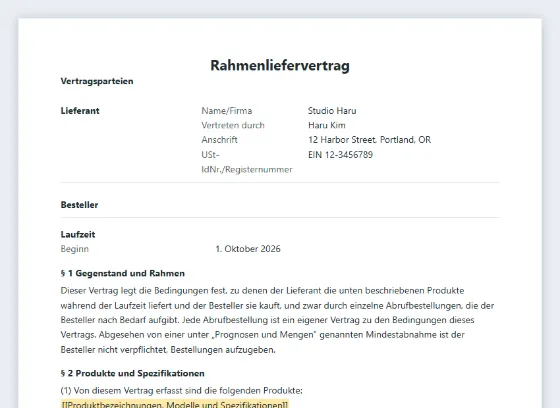 Erste Seite des Musters „Rahmenliefervertrag (Abrufbestellungen)“ mit markierten Lücken zum Ausfüllen