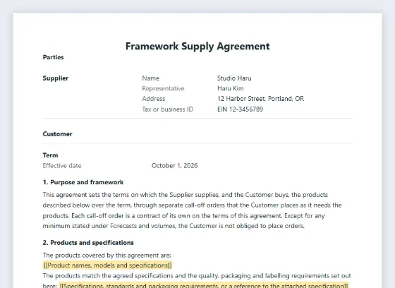 First page of the Framework supply agreement sample, with the blanks to fill in marked