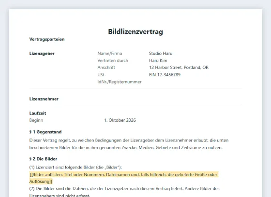 Erste Seite des Musters „Bildlizenzvertrag (Stockfoto)“ mit markierten Lücken zum Ausfüllen