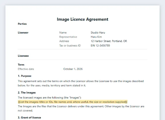 First page of the Image licence agreement (stock photo) sample, with the blanks to fill in marked