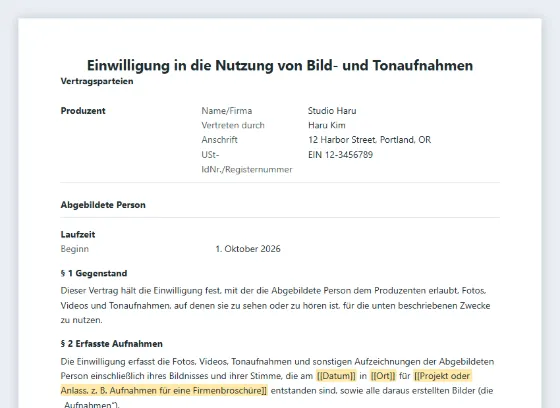 Erste Seite des Musters „Einwilligung in die Bildnutzung (Model Release)“ mit markierten Lücken zum Ausfüllen