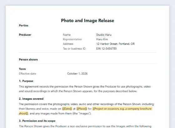 First page of the Photo and image release (model release) sample, with the blanks to fill in marked