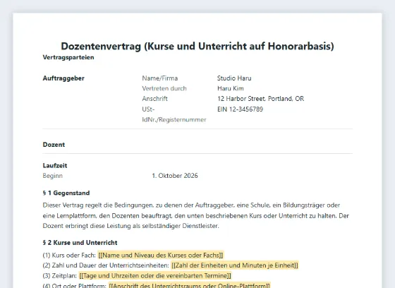 Erste Seite des Musters „Dozentenvertrag (Kurse und Unterricht auf Honorarbasis)“ mit markierten Lücken zum Ausfüllen