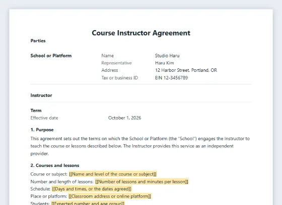 First page of the Course instructor agreement (teacher or trainer) sample, with the blanks to fill in marked