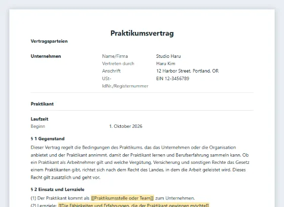 Erste Seite des Musters „Praktikumsvertrag (bezahlt oder unbezahlt)“ mit markierten Lücken zum Ausfüllen