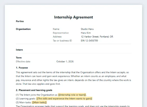 First page of the Internship agreement (paid or unpaid) sample, with the blanks to fill in marked