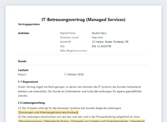 Erste Seite des Musters „IT-Betreuungsvertrag (Managed Services)“ mit markierten Lücken zum Ausfüllen
