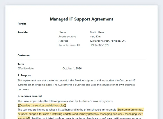 First page of the Managed IT support agreement sample, with the blanks to fill in marked