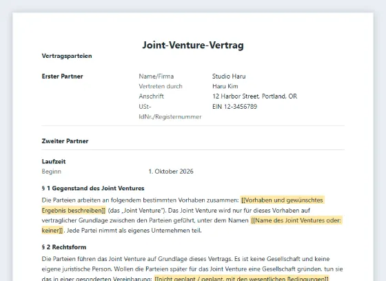 Erste Seite des Musters „Joint-Venture-Vertrag“ mit markierten Lücken zum Ausfüllen