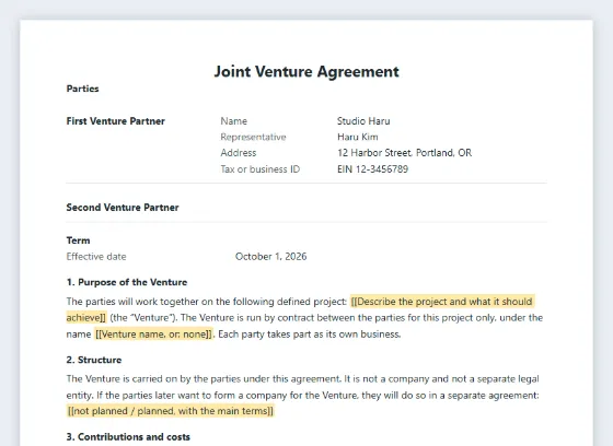 First page of the Joint venture agreement sample, with the blanks to fill in marked