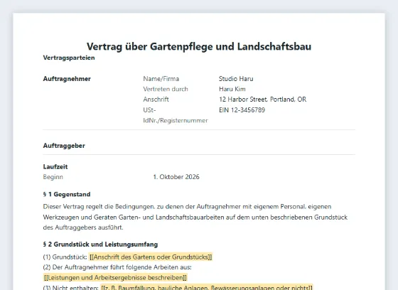 Erste Seite des Musters „Vertrag über Gartenpflege und Landschaftsbau“ mit markierten Lücken zum Ausfüllen