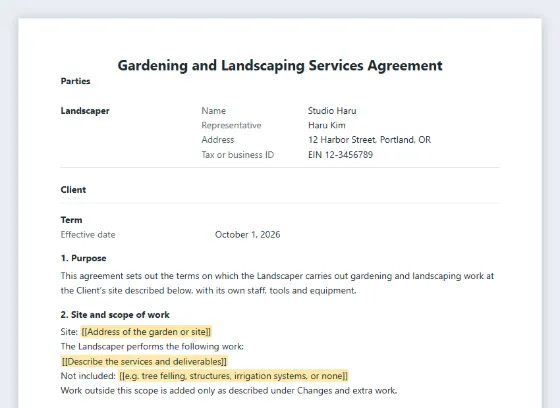 First page of the Gardening and landscaping services agreement sample, with the blanks to fill in marked