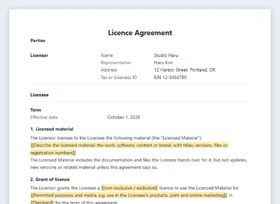 První strana vzoru „Licenční smlouva“ s vyznačenými místy k vyplnění