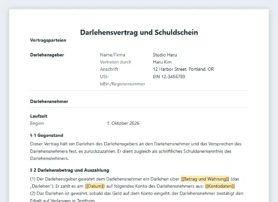 Erste Seite des Musters „Darlehensvertrag und Schuldschein“ mit markierten Lücken zum Ausfüllen