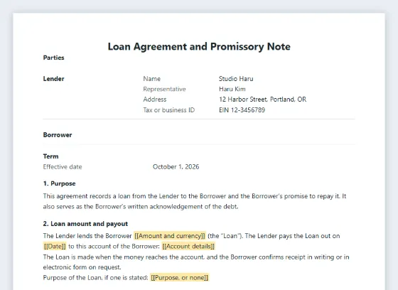 First page of the Loan agreement and promissory note (IOU) sample, with the blanks to fill in marked