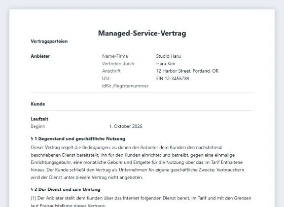 Erste Seite des Musters „Managed-Service-Vertrag (Einrichtung, Monat, Nutzung)“ mit markierten Lücken zum Ausfüllen
