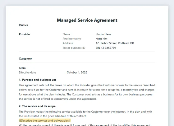 First page of the SaaS or managed service agreement (setup and usage fees) sample, with the blanks to fill in marked