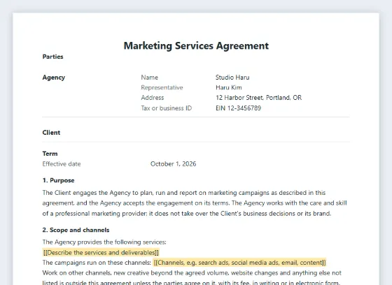 První strana vzoru „Smlouva o marketingových službách“ s vyznačenými místy k vyplnění
