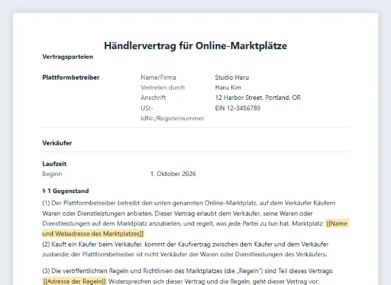 Erste Seite des Musters „Händlervertrag für Online-Marktplätze“ mit markierten Lücken zum Ausfüllen