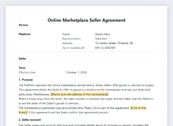 First page of the Online marketplace seller agreement sample, with the blanks to fill in marked