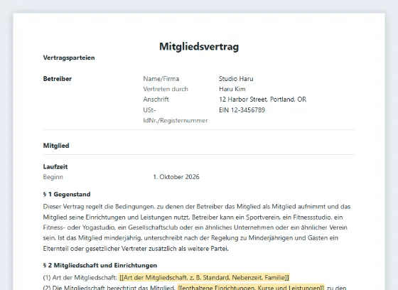 Erste Seite des Musters „Mitgliedsvertrag (Club, Fitnessstudio, Studio)“ mit markierten Lücken zum Ausfüllen