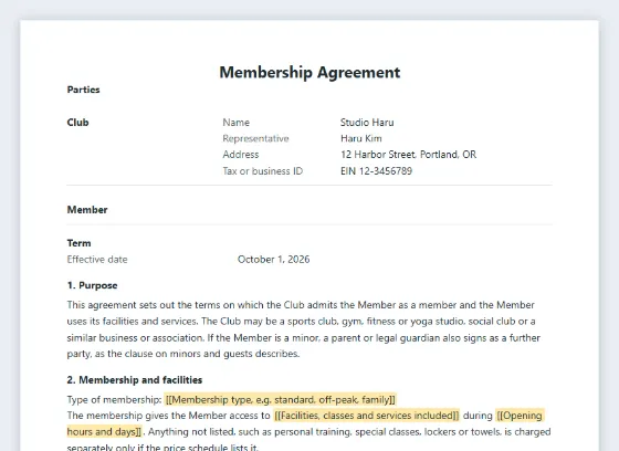 First page of the Membership agreement (club, gym, studio) sample, with the blanks to fill in marked