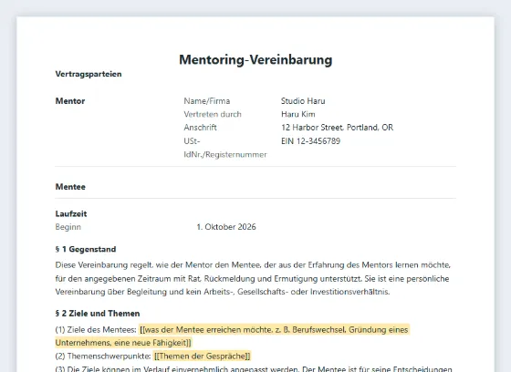 Erste Seite des Musters „Mentoring-Vereinbarung (Mentor und Mentee)“ mit markierten Lücken zum Ausfüllen